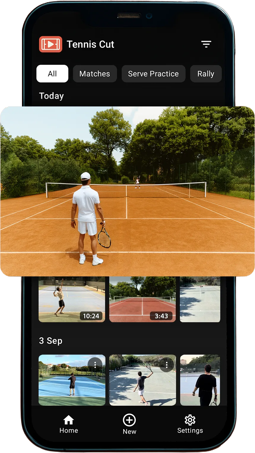 TennisCut app library with recorded tennis matches
